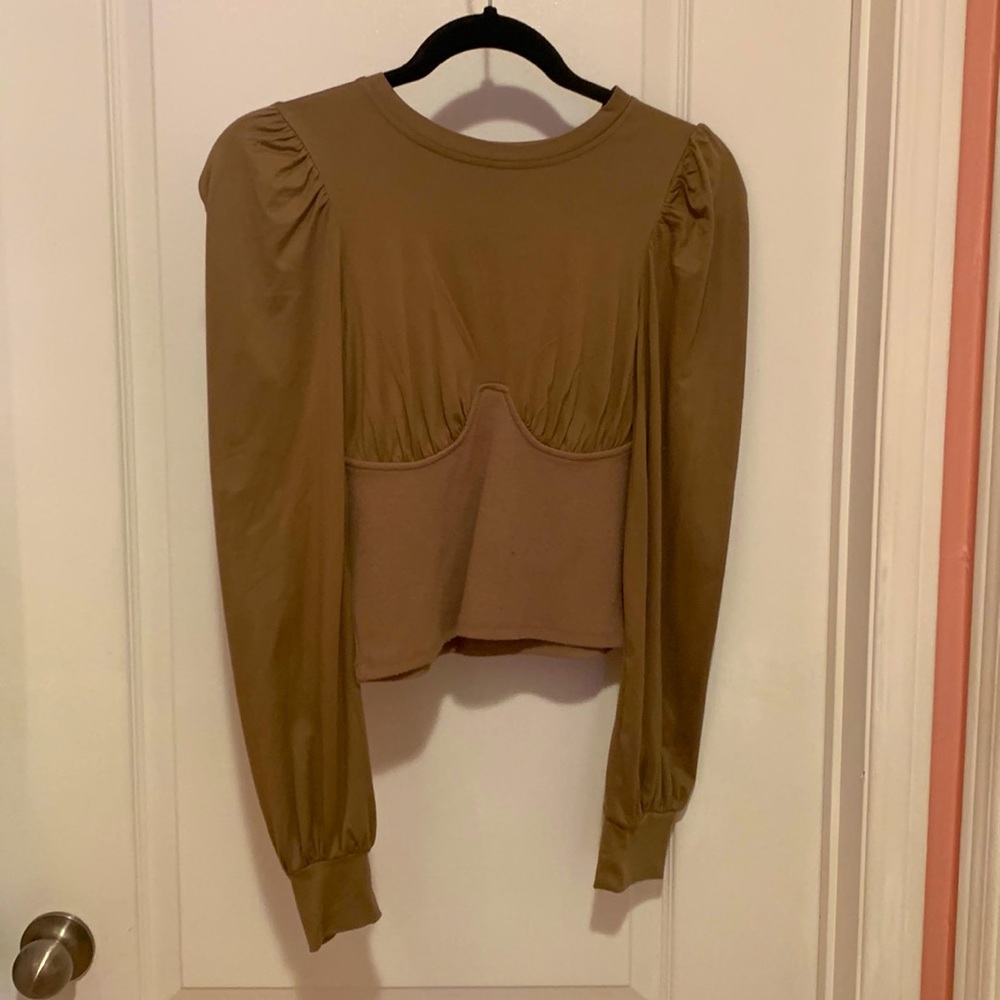 Bustier-styled, ruched long sleeve blouse